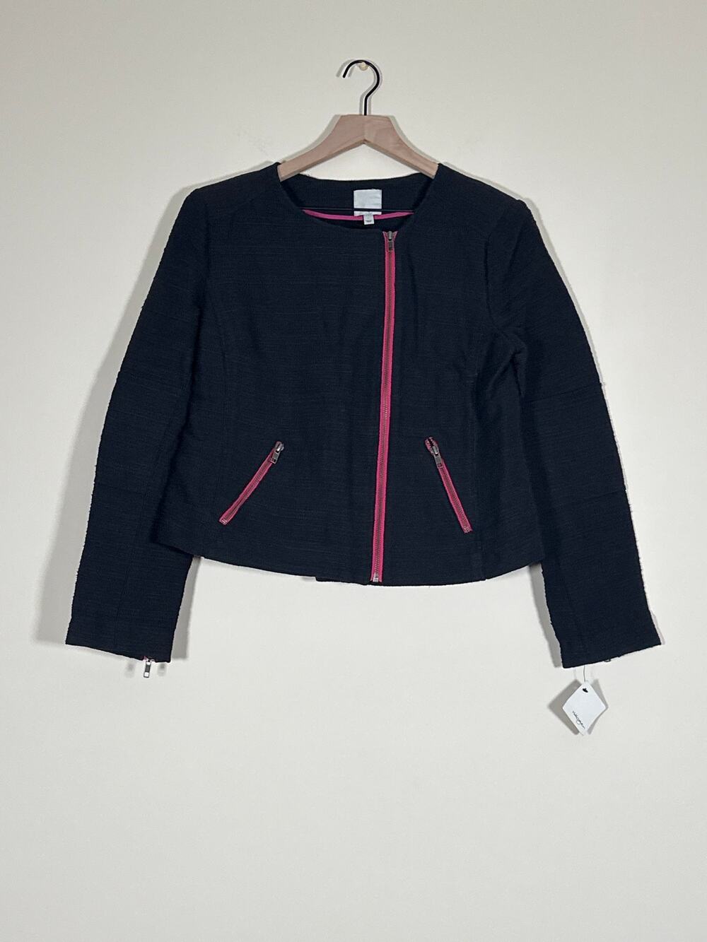 Halogen Women’s Large Moto Jacket Blazer Black Pink Zip NWT